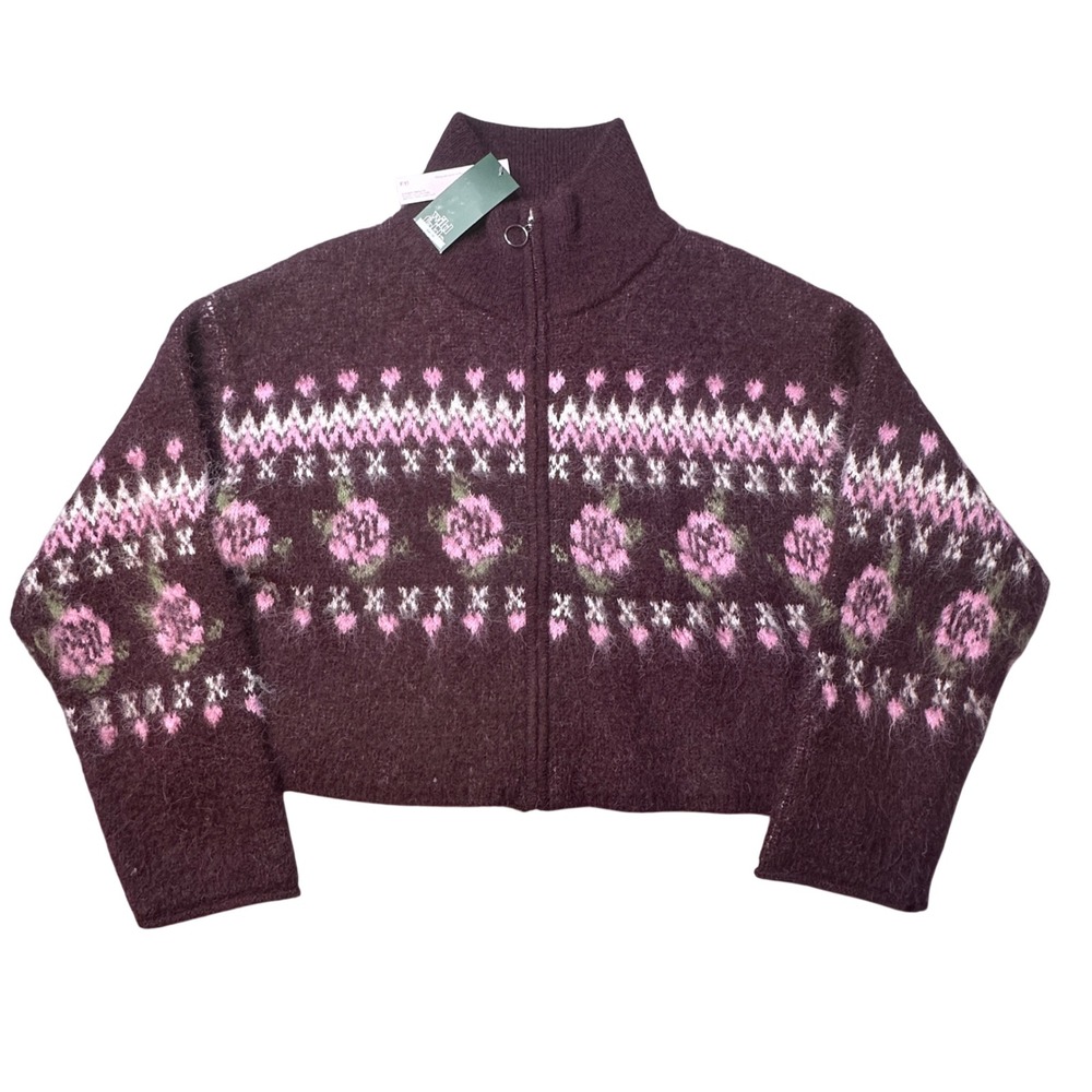 Wild Fable Sweater Women S Purple Floral Full Zip Cropped Cardigan Fair Isle
